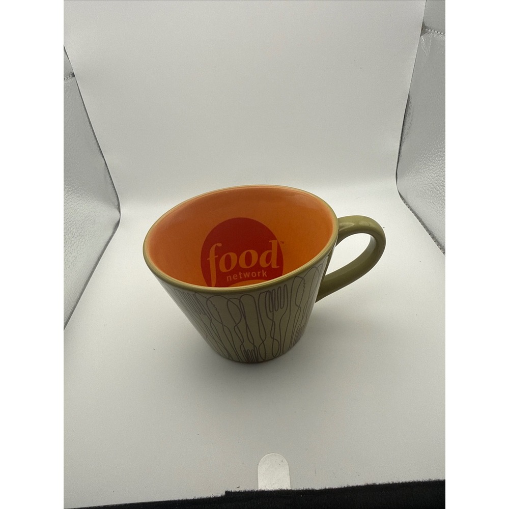 Food Network Coffee Mug Olive Green Orange Interior Cutlery Pattern Ceramic Cup